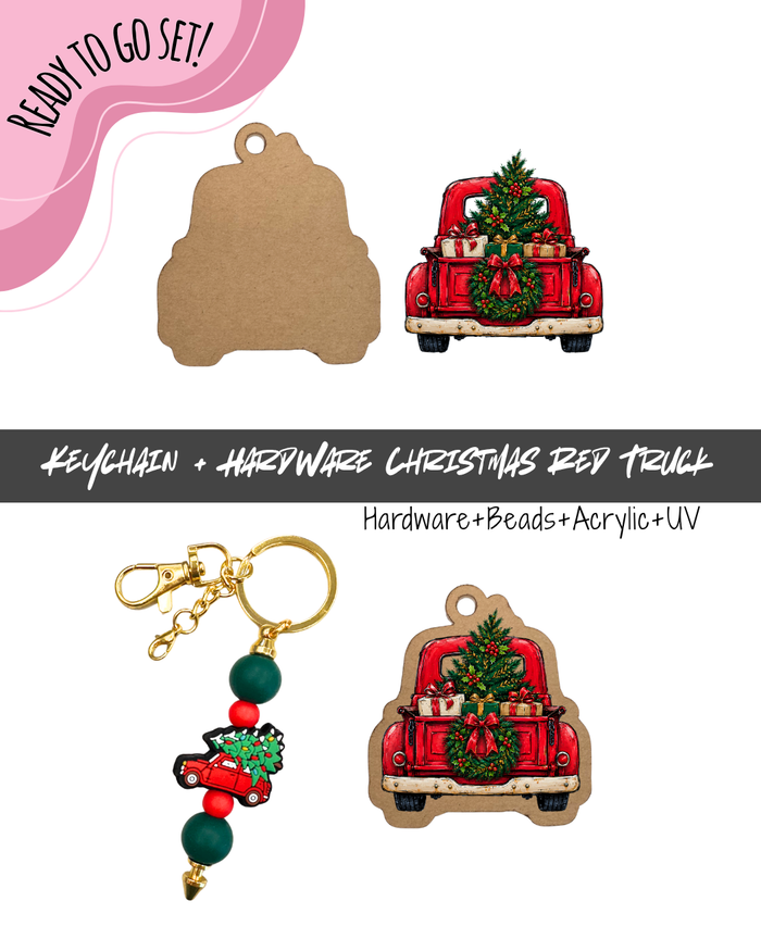 #101B HARDWARE, BEAD + KEYCHAIN KIT- "Christmas Red Truck"- FOCAL SHAPE BEAD+ UV DTF + Acrylic Blank