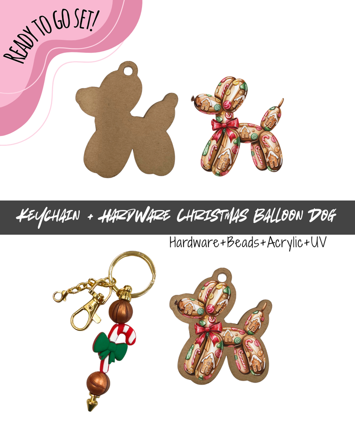 #103B HARDWARE, BEAD + KEYCHAIN KIT- "Christmas Balloon Dog"- FOCAL SHAPE BEAD+ UV DTF + Acrylic Blank