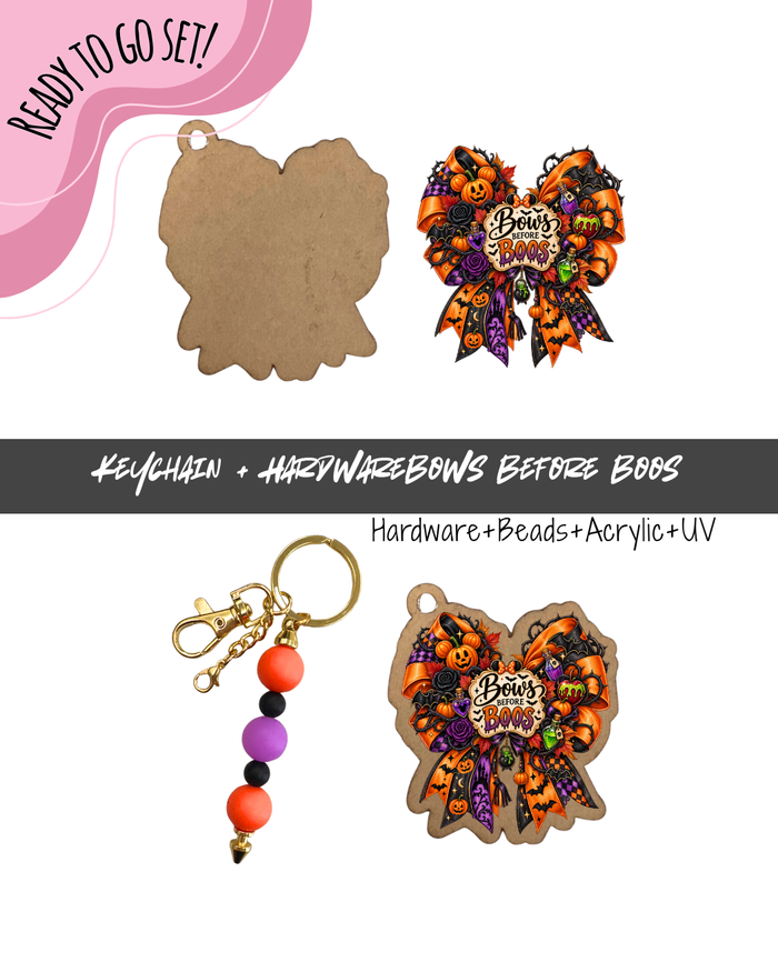 #110B HARDWARE, BEAD + KEYCHAIN KIT- "Bows Before Boos"- GLOW BEAD + UV DTF + Acrylic Blank