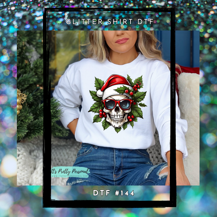 #144 GLITTER SHIRT DTF- Skull Christmas Floral *read listing.