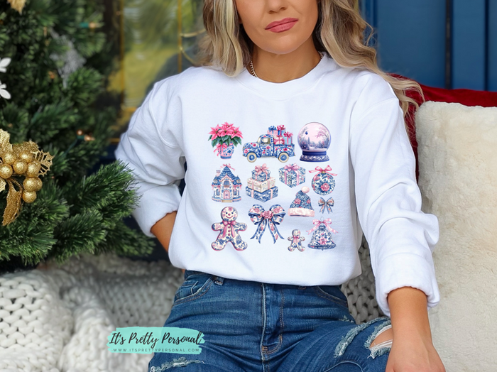#203 DTF Print- Blue Pink Toile Christmas
