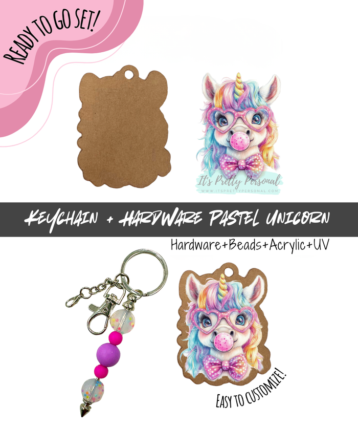 #20B HARDWARE, BEAD + KEYCHAIN KIT- "Pastel Unicorn"- UV DTF + Acrylic Blank