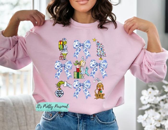 #259 DTF Print- Blue Mean Green Toile Christmas