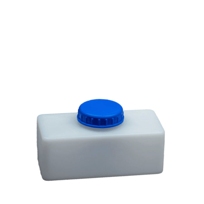 Weißer Behälter mit blauem Deckel.