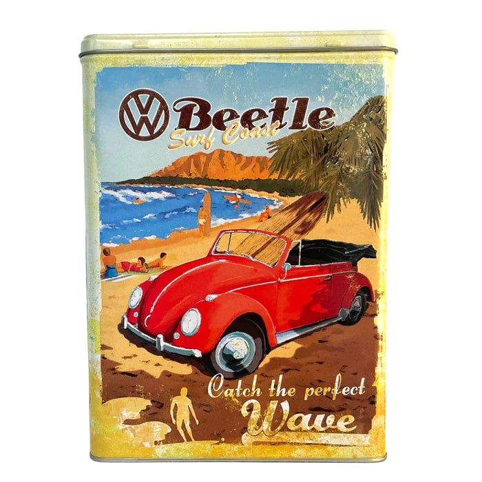 Blechdose mit VW Käfer-Strandmotiv.