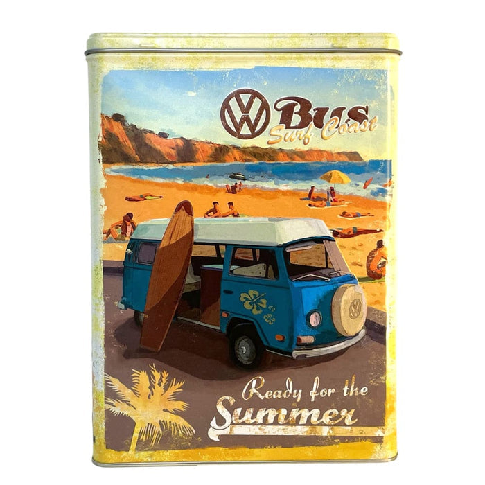 Dose mit VW-Bus-Strandmotiv, Surfbrett, blau.