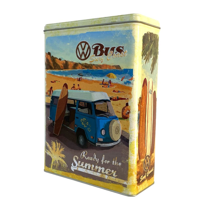 Metallbox mit VW-Bus-Motiv, Strandkulisse und Surfbrett.
