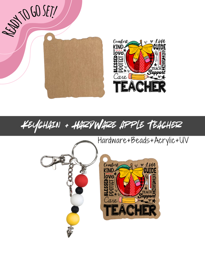 #47B HARDWARE, BEAD + KEYCHAIN KIT- "Apple Teacher"- UV DTF + Acrylic Blank