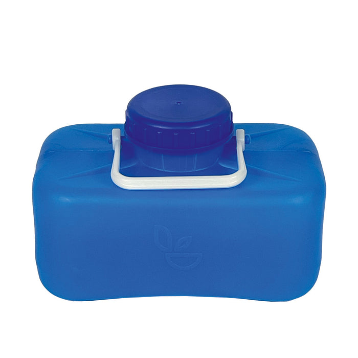 Blauer Wasserkanister mit weißem Griff und blauem Deckel.
