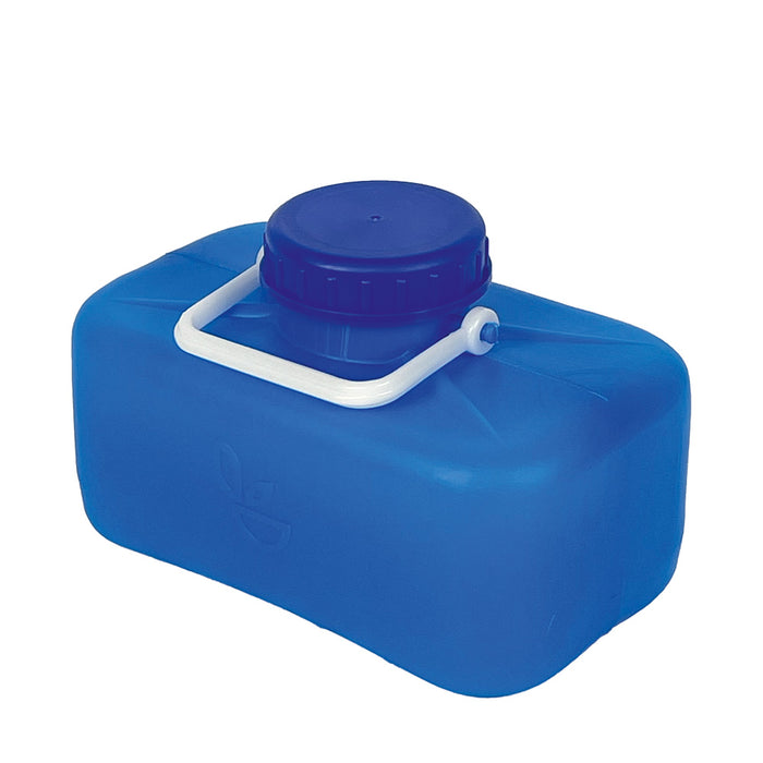 Blauer Plastikkanister mit weißem Griff.