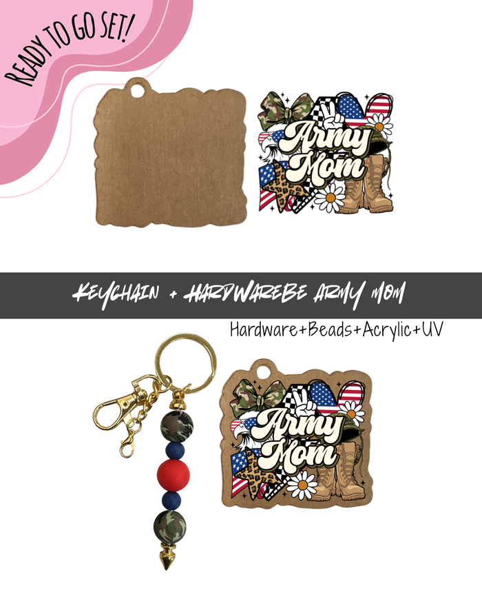 #60B HARDWARE, BEAD + KEYCHAIN KIT- "Army Mom"- UV DTF + Acrylic Blank