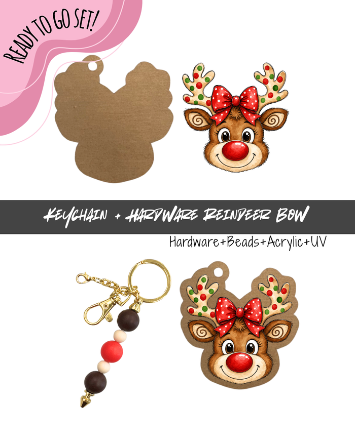 #77B HARDWARE, BEAD + KEYCHAIN KIT- "CHRISTMAS REINDEER BOW"- UV DTF + Acrylic Blank