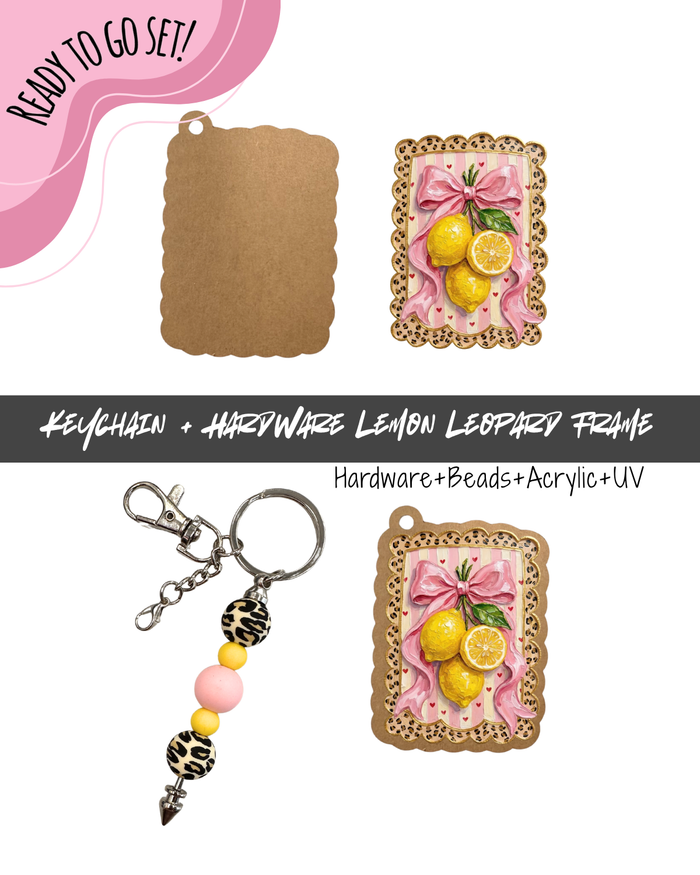 #7B HARDWARE, BEAD + KEYCHAIN KIT- "Lemon Leopard Frame"- UV DTF + Acrylic Blank