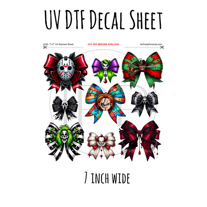 7"x7"- #103- Horror Character Bows - UV DTF Decal SHEET