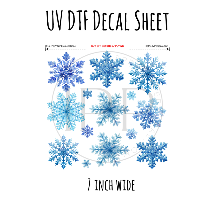 7"x7"- #115- Blue Winter Snow Flakes- UV DTF Decal SHEET