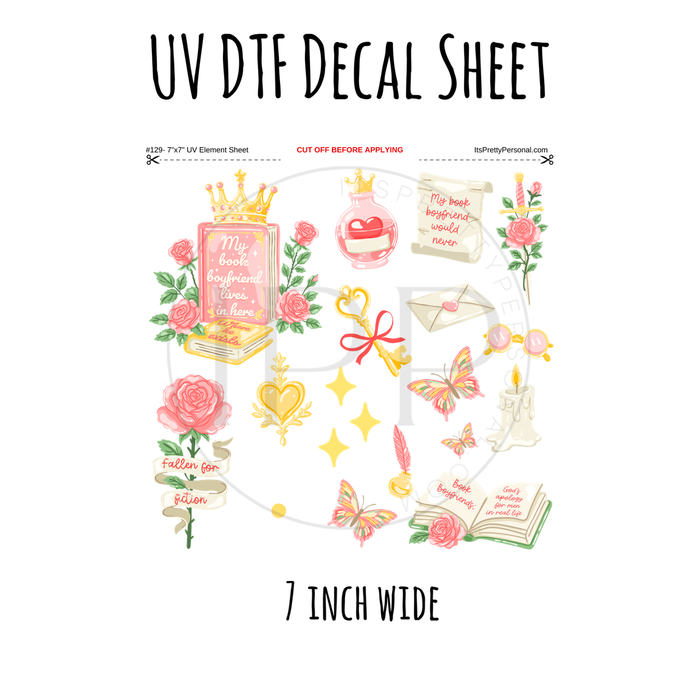 7"x7"- #129- Book Boyfriend Love Floral- UV DTF Decal SHEET