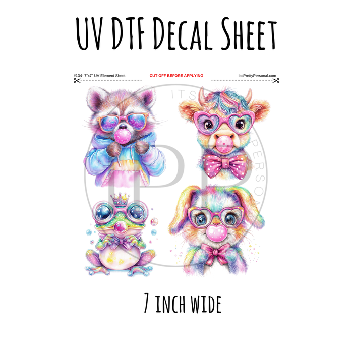7"x7"- #134- Pastel Rainbow Bubblegum Animals- UV DTF Decal SHEET