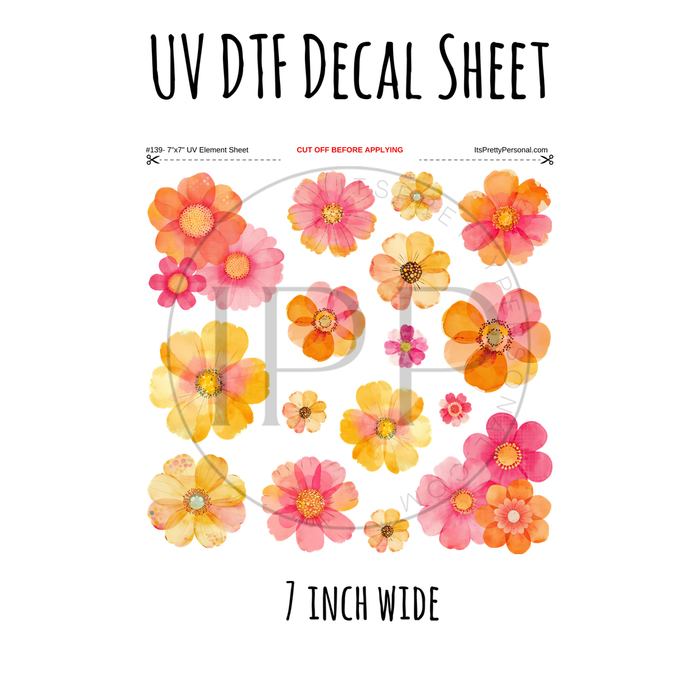 7"x7"- #139- Pink Orange Floral- UV DTF Decal SHEET