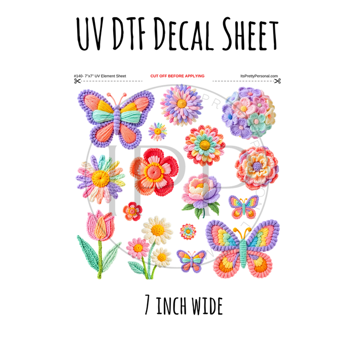 7"x7"- #140- Knit Spring Flowers Butterfly- UV DTF Decal SHEET