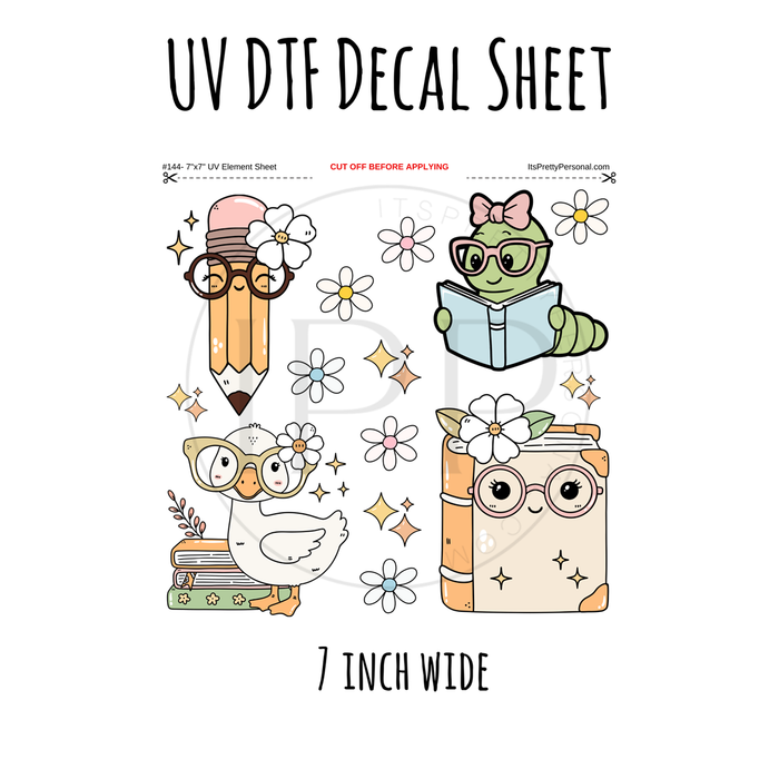7"x7"- #144- Pastel School Teacher Bookworm- UV DTF Decal SHEET
