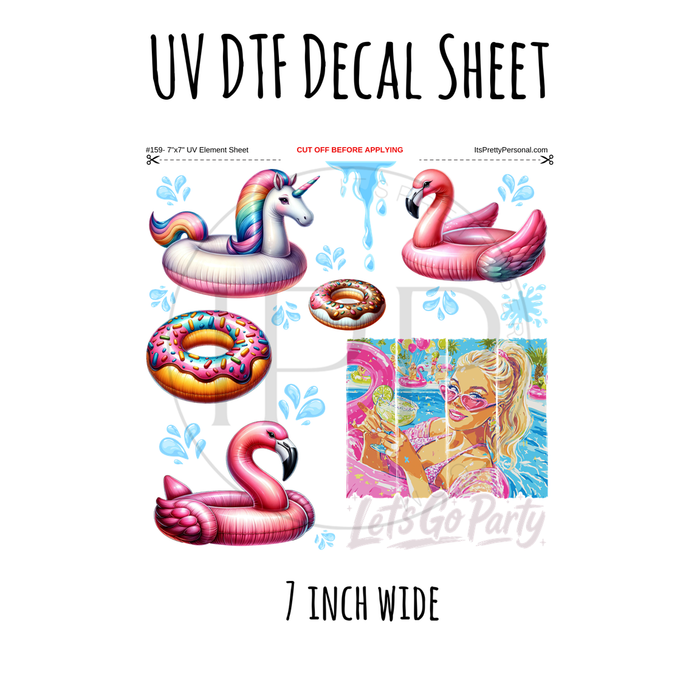 7"x7"- #159- Pool Party Floats Lets Go Party- UV DTF Decal SHEET