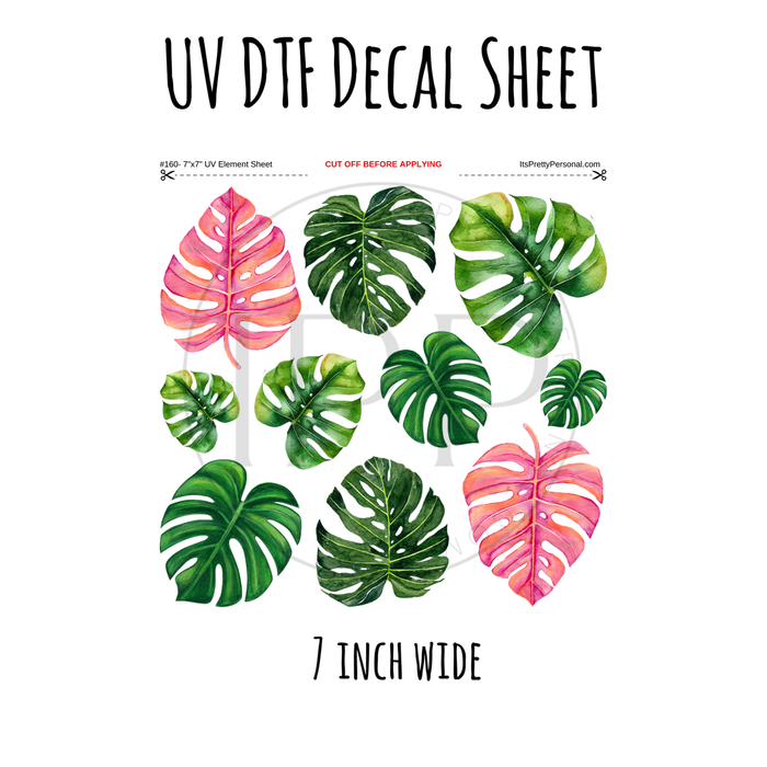 7"x7"- #160- Tropical Monstera Green Pink - UV DTF Decal SHEET