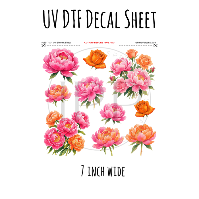 7"x7"- #163- Pink Orange Floral- UV DTF Decal SHEET