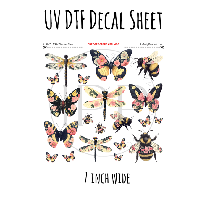 7"x7"- #164- Floral Butterfly Bees Dragonflies Insects- UV DTF Decal SHEET