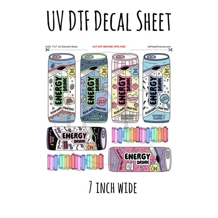 7"x7"- #165- Energy Drink Book Read More- UV DTF Decal SHEET
