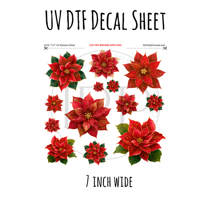 7"x7"- #170- Christmas Poinsettia Floral - UV DTF Decal SHEET