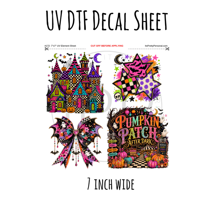 7"x7"- #172- Checkered Halloween Pumpkin Patch - UV DTF Decal SHEET