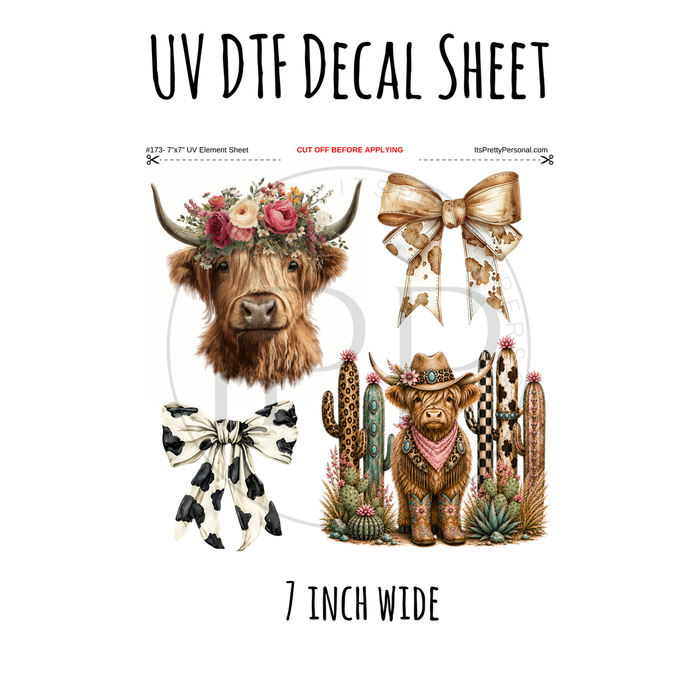7"x7"- #173- Highland Cow Western - UV DTF Decal SHEET