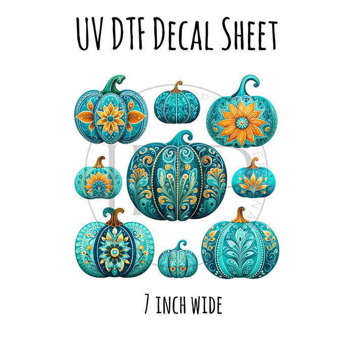 7"x7"- #29- Turquoise Fall Pumpkins - UV DTF Decal SHEET
