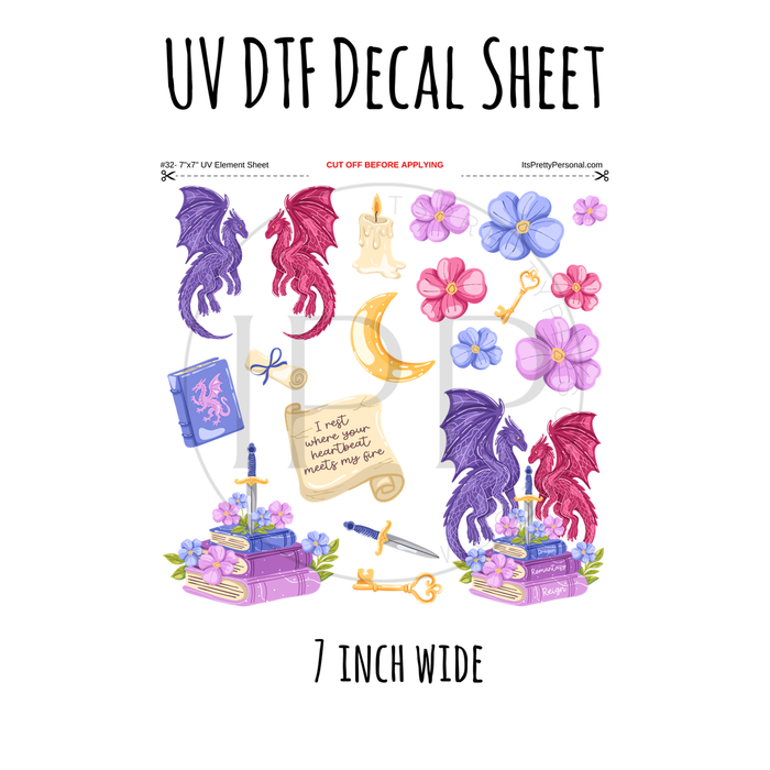 7"x7"- #32-Book Dragon Purple Pink Floral- UV DTF Decal SHEET