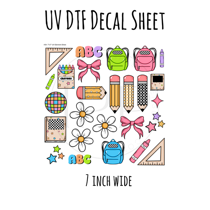 7"x7"- #34-School Supplies - UV DTF Decal SHEET (Cerra Creates)