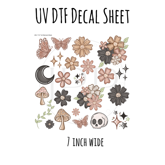 7"x7"- #35-Boho Skull Butterfly Mushroom Floral - UV DTF Decal SHEET (Cerra Creates)