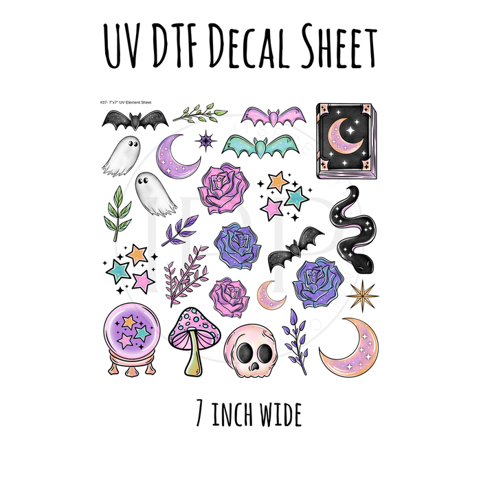 7"x7"- #37-Bright Spooky Bats Floral Witchy- UV DTF Decal SHEET (Cerra Creates)