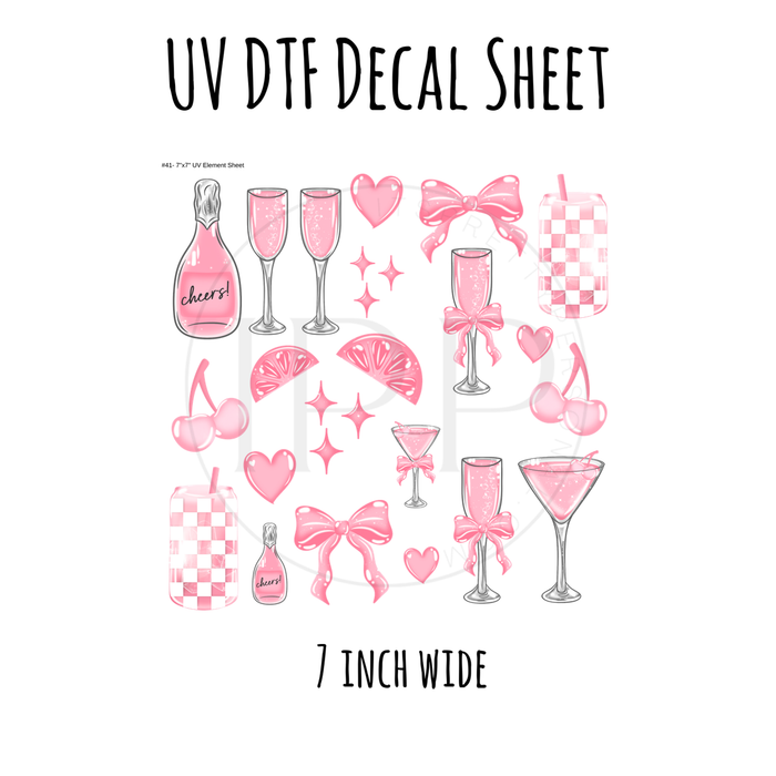 7"x7"- #41-Girly Pink Bow Drinks- UV DTF Decal SHEET (Cerra Creates)