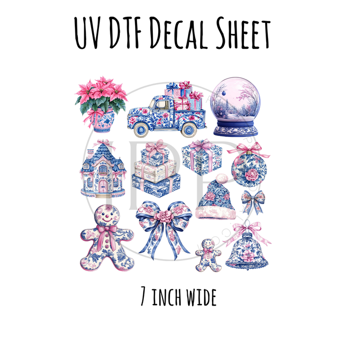 7"x7"- #6- Blue Winter Christmas Toile - UV DTF Decal SHEET