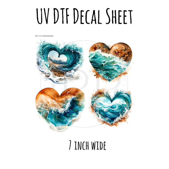 7"x7"- #62-Summer Beach Hearts- UV DTF Decal SHEET