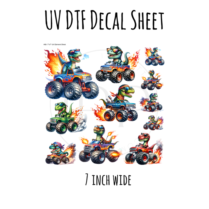 7"x7"- #68-Dino Monster Trucks- UV DTF Decal SHEET