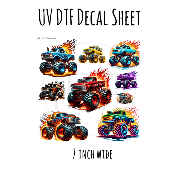 7"x7"- #69- Monster Trucks- UV DTF Decal SHEET