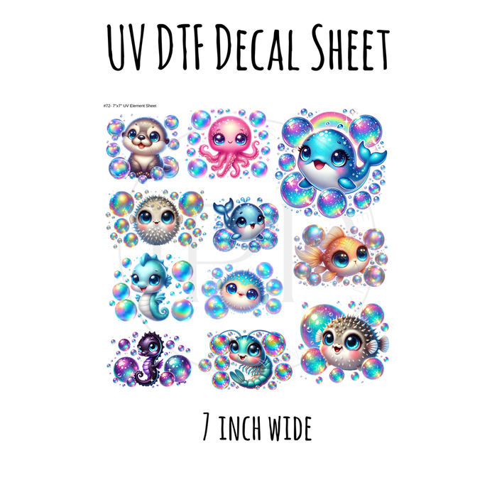 7"x7"- #72- Sea Animals Bubbles - UV DTF Decal SHEET