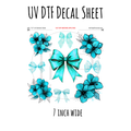 7"x7"- #98- Turquoise Flowers + Bows - UV DTF Decal SHEET