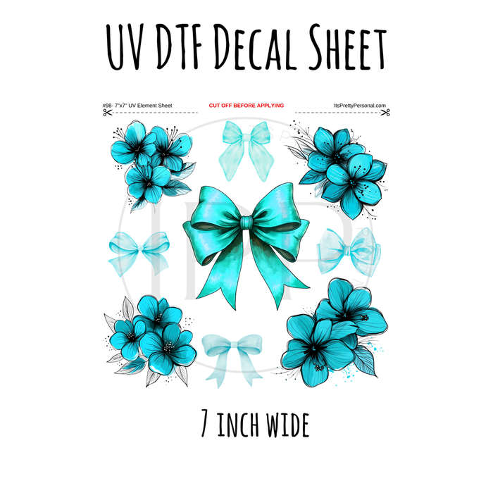 7"x7"- #98- Turquoise Flowers + Bows - UV DTF Decal SHEET