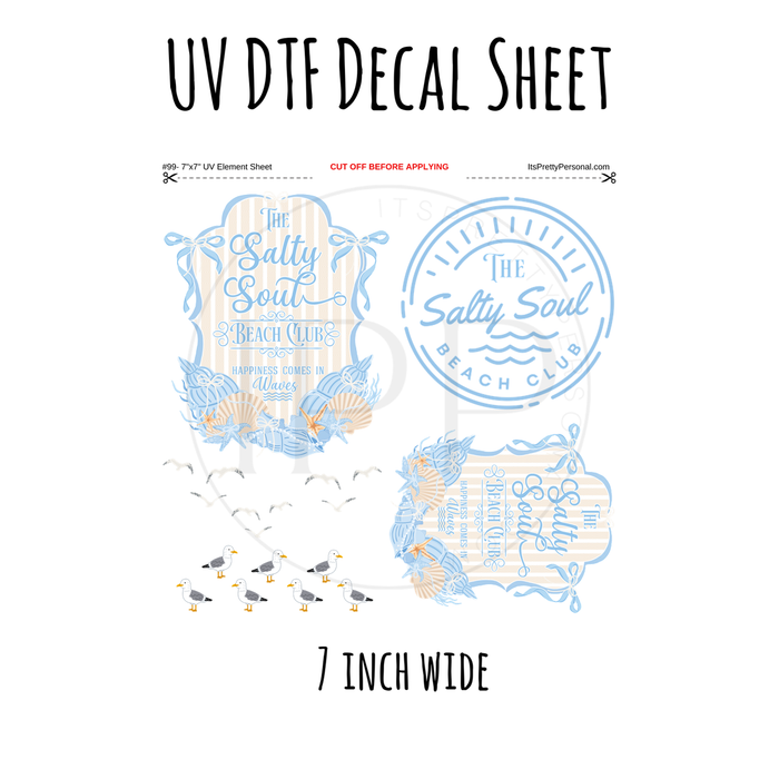 7"x7"- #99- Salty Soul Beach Club Seagulls - UV DTF Decal SHEET