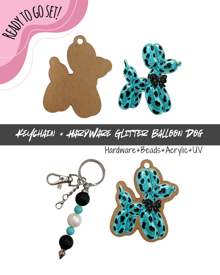 #84B HARDWARE, BEAD + KEYCHAIN KIT- "Teal Sparkle Balloon Dog"- UV DTF + Acrylic Blank