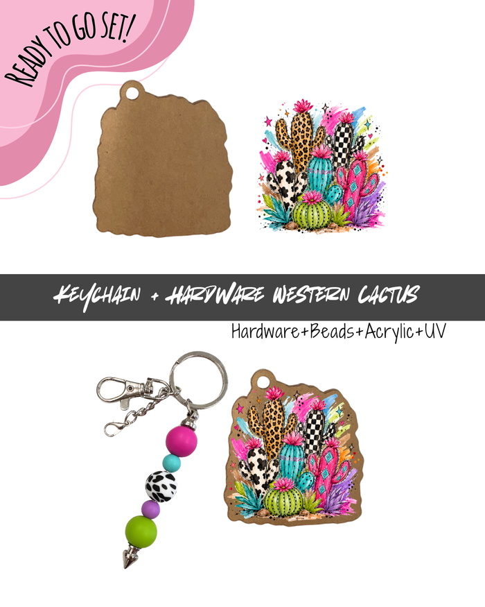 #85B HARDWARE, BEAD + KEYCHAIN KIT- "Neon Western Cactus"- UV DTF + Acrylic Blank