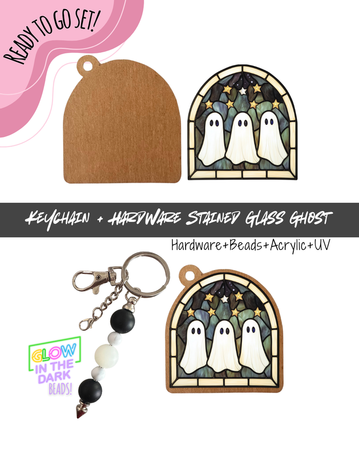 #92B HARDWARE, BEAD + KEYCHAIN KIT- "Stained Glass Ghost"- GLOW BEADS + UV DTF + Acrylic Blank