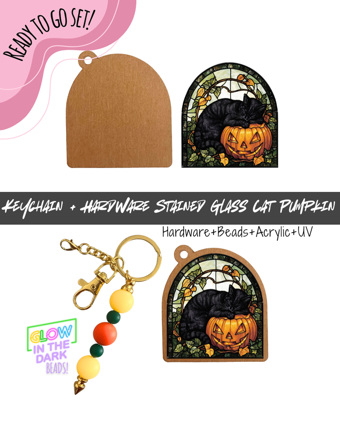 #93B HARDWARE, BEAD + KEYCHAIN KIT- "Stained Glass Cat Pumpkin"- GLOW BEADS + UV DTF + Acrylic Blank